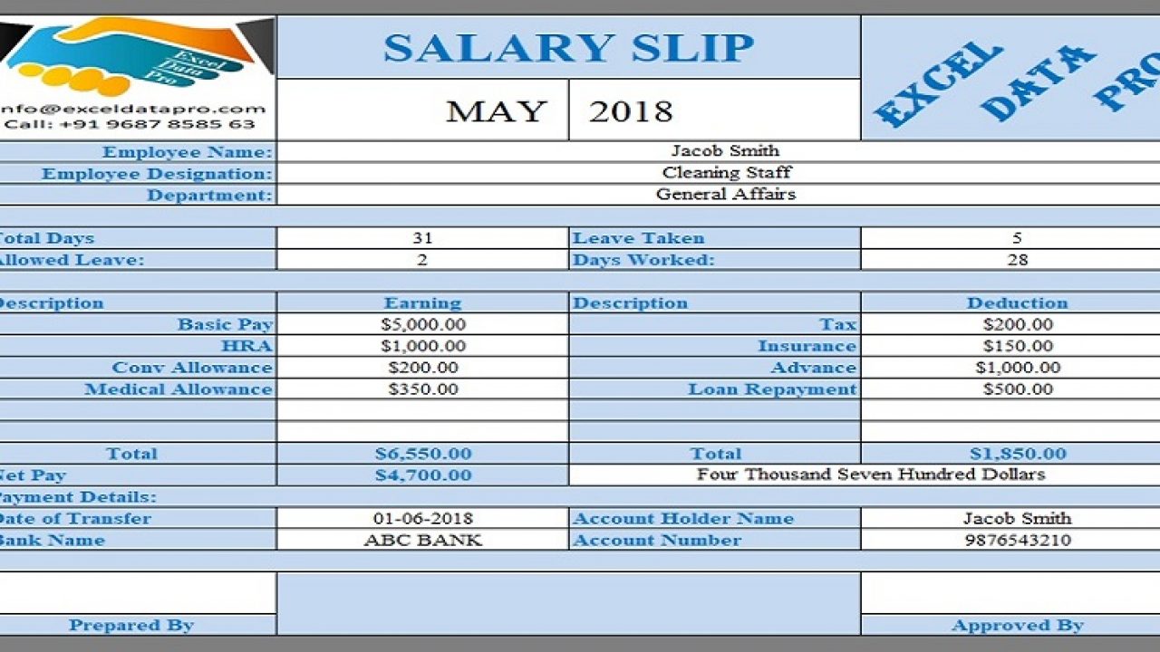 Salary Slip Format In Excel With Formula Miraclebewer